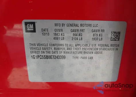 2014 Chevrolet Cruze 1Lt Auto from USA, damaged, VIN 1G1PC5SB8E7243399